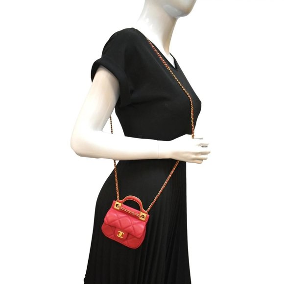 CHANEL Top Handle Flap Card Holder Quilted Leather Chain Shoulder Bag Red - Picture 2 of 14